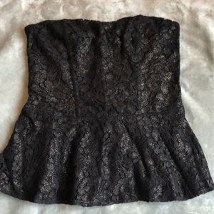 Express strapless black lace w gold peplum top